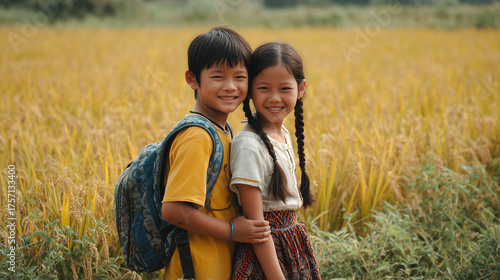 two ethnic hmong children smiling and holding each other, one child is carrying the backpack on his back while standing in rice fields, t-shirt with sleeves and skirt from woven fabric, pigtails, gold