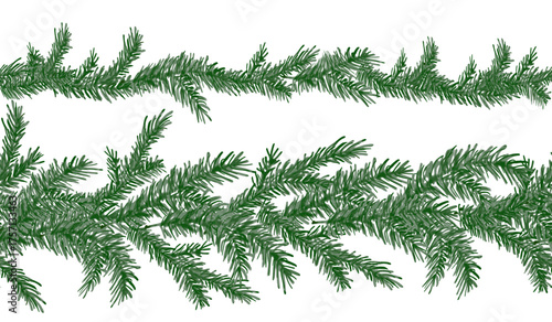 Watercolor seamless boarder with green pine branches. Sprig of pine hand drawn for wrapping paper, winter holiday decoration, banner, card or invite. Christmas trees modern background