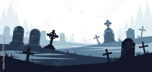 Vector art of spooky graveyard at night with tombstones and trees