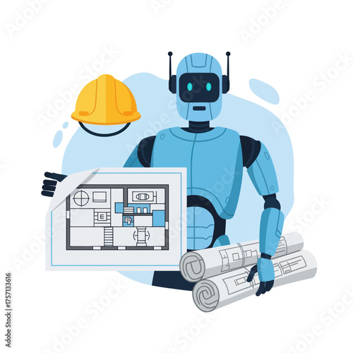 Robot architect holding blueprints and safety helmet in design studio  