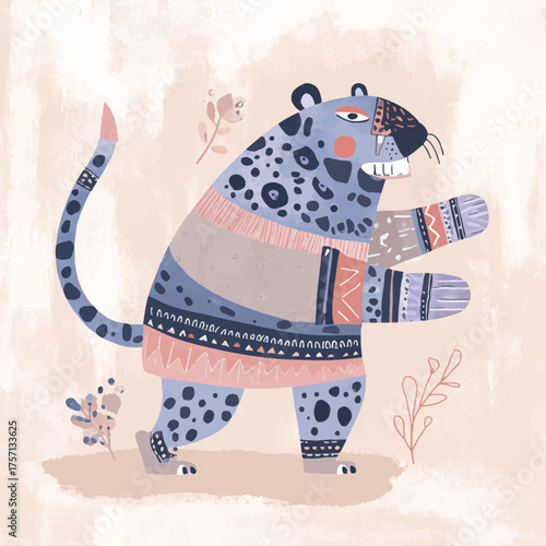 Stylized illustration of a blue leopard with sweater on soft textured background