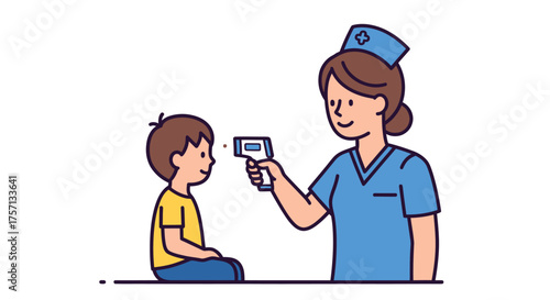 Nurse measuring temperature of child in clinic with thermometer  