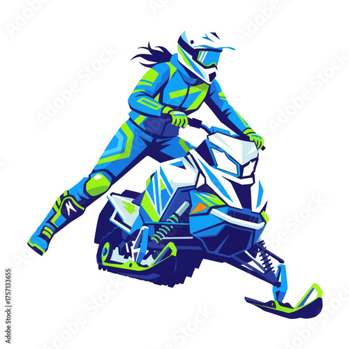 Female snowboarder performing trick on snowmobile in vibrant colors  