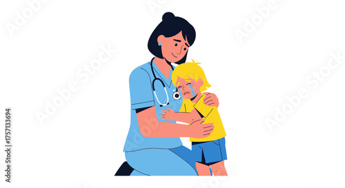 Nurse comforting crying child in pediatric healthcare setting  