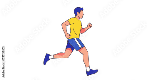 Athletic man running in yellow shirt and blue shorts on white background  