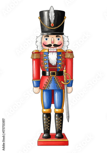 Nutcracker soldier figurine with colorful uniform and sword  