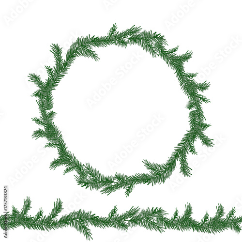 Watercolor circle wreath and seamless boarder with green pine branches. Sprig of pine hand drawn for wrapping paper, winter holiday decoration, banner, card or invite. Christmas trees modern