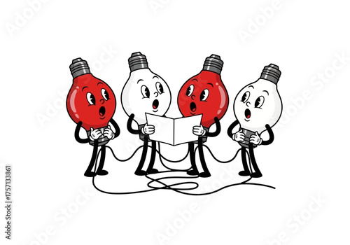 Cartoon light bulbs singing together while holding a songbook  