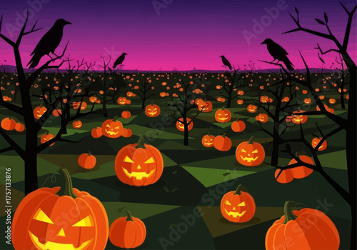 Spooky pumpkin patch with carved pumpkins and crows at dusk  
