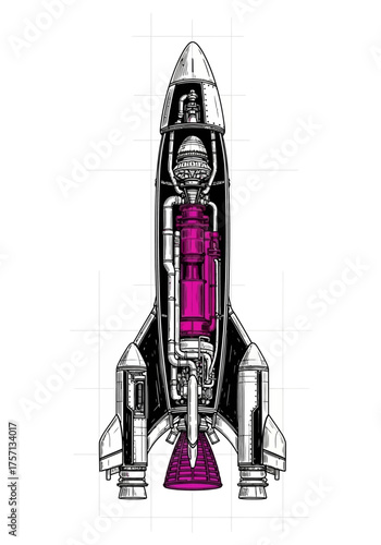 Rocket diagram with detailed components in black and pink design  