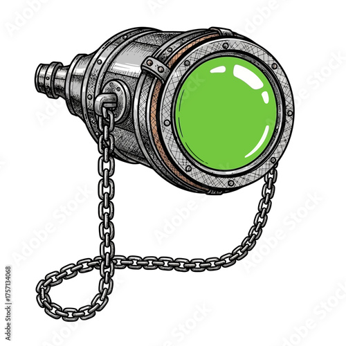 Vintage green industrial light with chain and metal casing  