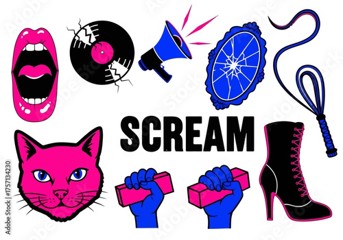 Colorful collage of screaming elements including cat and weights  
