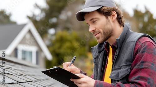 Roofer inspecting shingles and taking notes on a sunny afternoon