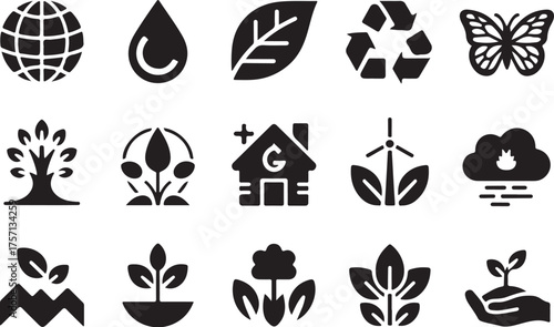 Sustainable ecology icons earth nature growth renewable energy