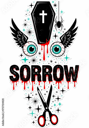 Graphic illustration of sorrow with coffin, scissors, and spider  