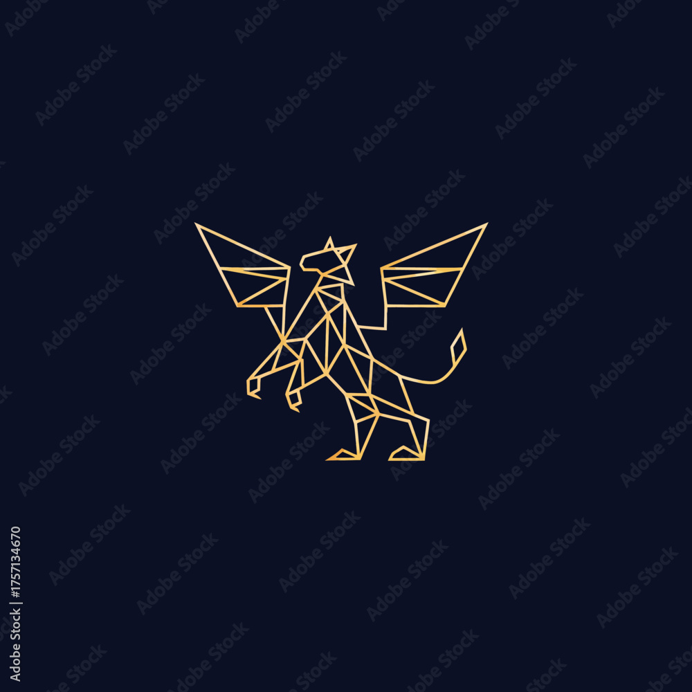 Obraz premium Geometric golden griffin emblem on dark background for design projects