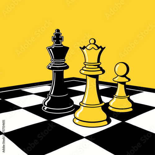 Chess pieces on black and white board with yellow background  