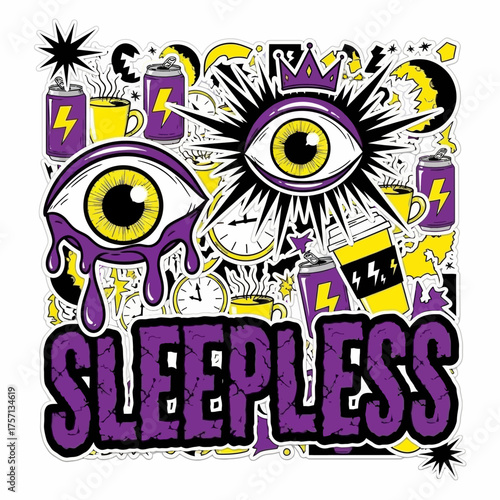 Colorful graphic design featuring sleepless eyes and coffee cups  
