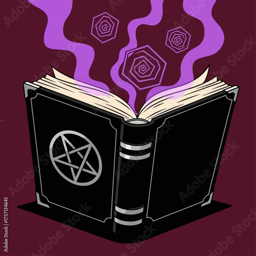 Open spellbook exuding purple smoke with mystical symbols  