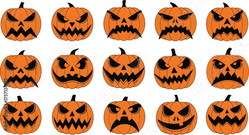 Vector art of many carved jack o lantern pumpkins with scary faces