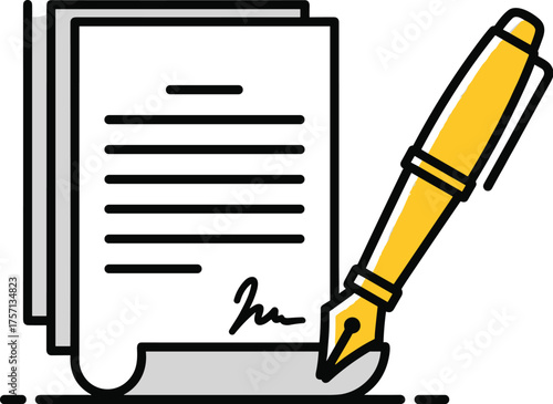 Signed Contract Agreement with Golden Fountain Pen on White Paper Background - Legal Document, Business Deal, Partnership Agreement, Signing Ceremony, Approval, Modern Illustration Style, Signature, I