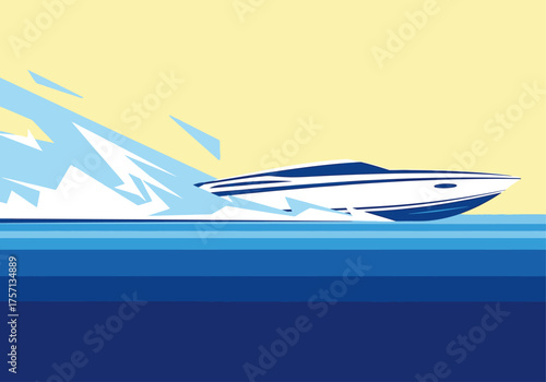 Speedboat racing across blue waves under a light yellow sky  