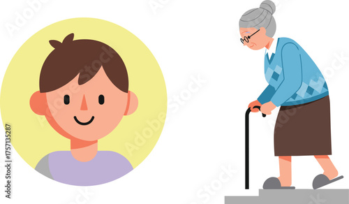 Cartoon Depiction of Generational Contrast: Youthful Boy in Circle and Elderly Woman Ascending Steps with Cane, Symbolizing Aging Process, Family Relationships, Healthcare Needs, Generational Differen