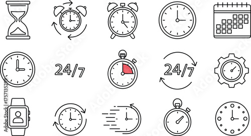 Time Management Icons Set: Business Productivity & Efficiency Planning - Hourglass, Clocks, Calendar, Stopwatch Representing Schedule, Deadline, 24/7 Availability for Technology Presentation, Marketin