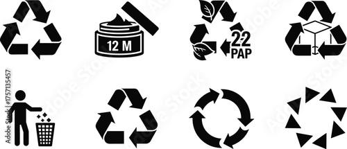 Set of Recycling Symbols Conveying Environmental Responsibility and Sustainability in Product Packaging Information for Paperboard, Cosmetic Containers, and General Waste Disposal Guidelines and Regul