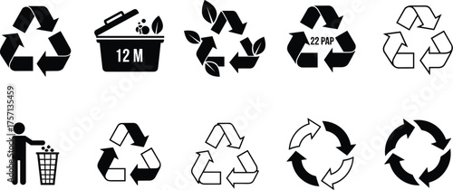 Recycling Symbols Collection for Eco-Friendly Practices, Sustainable Living and Waste Management in a Modern Setting: Environmental Awareness, Conservation, and Responsible Disposal for a Greener Futu