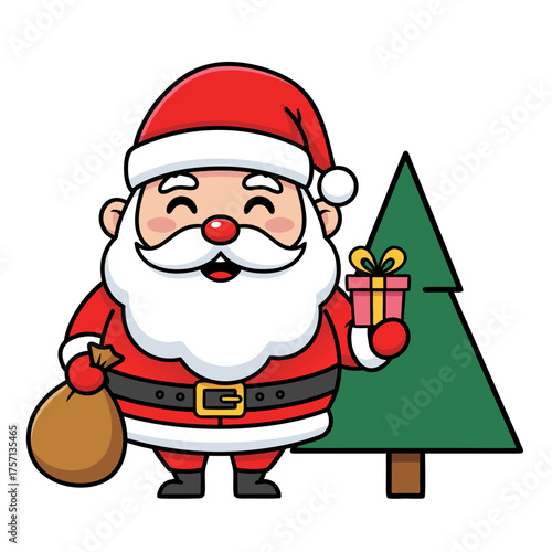 Joyful Santa Claus with Gift and Bag, Standing Next to a Christmas Tree, Festive Holiday Illustration