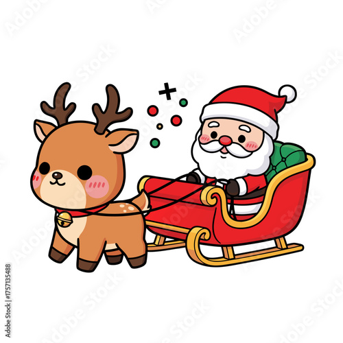 Cute Christmas Santa Claus riding a sleigh pulled by a reindeer, vector illustration