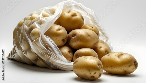 A clear plastic bag overflowing with fresh, light brown potatoes, with several spilling out onto a pristine white surface