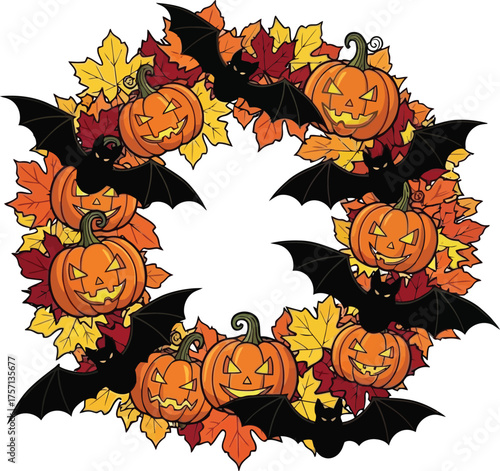 Vector art of halloween wreath with pumpkins, bats, and autumn leaves