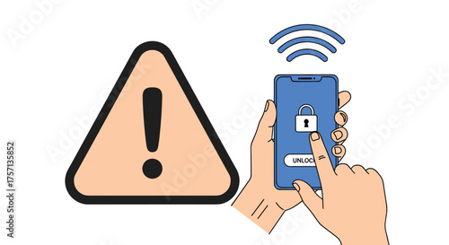 Smartphone Security Alert:  Unlocking Mobile Device with Warning Sign in Digital Network | Cyber Threat Protection, Data Privacy and Secure Access Protocol | Illustration for Technology Presentation,
