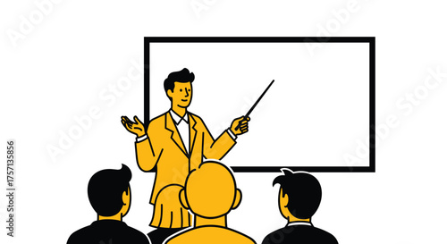 Dynamic Presenter Explaining Strategy to Audience in Boardroom Meeting, Using Whiteboard for Visuals in Modern Business Presentation - Coaching, Training, Teaching, Seminar, Illustration, Yellow, Blac