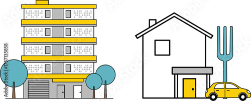 Urban Housing and Dining Out Concept: Modern Apartment Building and Suburban House with Delivery Car and Fork, Representing Food Service, Restaurant Industry, Delivery Services, Home, Living, Lifestyl