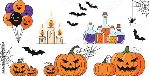 Vector art of halloween elements with pumpkins, balloons, and potions