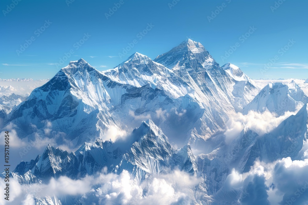 Obraz premium Majestic mount everest, the world's highest peak, piercing the sky above a sea of clouds, creating a breathtaking panorama