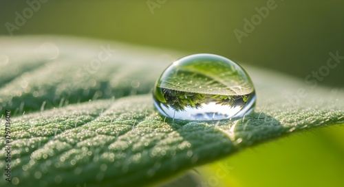 Green Leaf macro features a large water drop reflecting the environment. For botanical prints, ecological campaigns, and natural product photography.