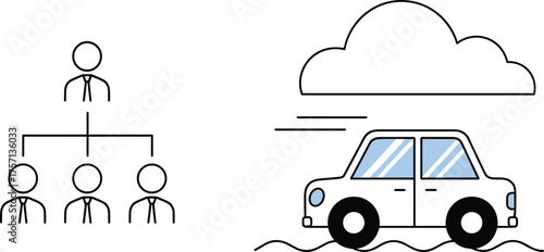 Corporate Hierarchy Structure Overseeing Projects on the Move with a Modern Electric Car, Management Leadership in Business Transport, Road Transportation Under Cloudscape, Clean Energy Innovation, Wo