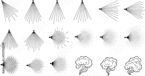 Spray Nozzle Emission Set for Product Atomization and Particle Dispersion, Airbrushing, Liquid Nebulization, Vaporization Process, Vector Graphics, Illustration, Technology, Manufacturing, Science, En