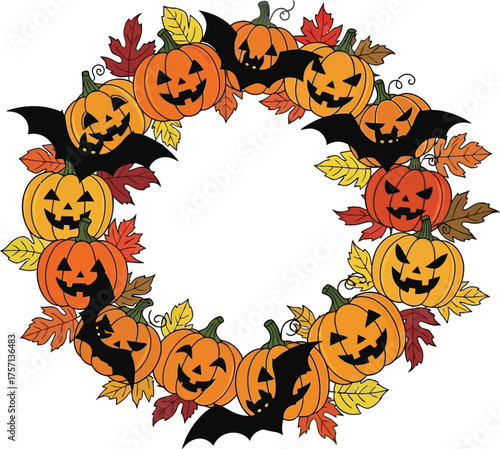 Vector art of halloween pumpkin and bat wreath