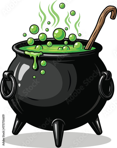 Vector art of green bubbling cauldron with ladle