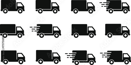 Delivery Truck Fleet in Motion: Express Transport Logistics for E-commerce, Shipping Solutions, Fast Courier Service, Modern Supply Chain, Cargo Van Icons, Business Freight, Distribution Networks, Com
