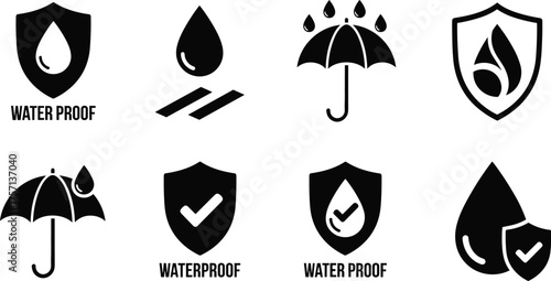 Set of Water Resistant Icons for Product Protection & Guarantee: Waterproof Shields & Umbrellas Indicating Resistance Against Liquid Damage in Manufacturing, Technology, Textiles, & Gear Marketing Mat