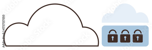 Outline of a cloud next to a secured cloud with locks representing data privacy, cybersecurity, encryption. Ideal for technology, digital safety, online storage, secure transfer, data backup, IT