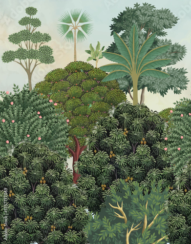 Seamless Mughal Garden Illustration, Mughal Tree, Seamless Background.