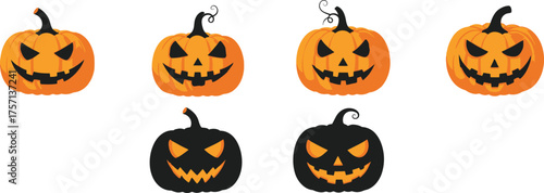 Vector art of collection of carved jackolantern pumpkins