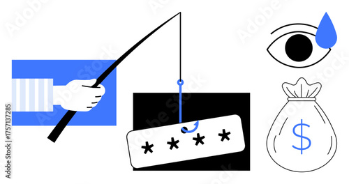 Hand holding phishing rod hooking password bait, teardrop near eye for distress, money bag for financial risk. Ideal for cybersecurity, hacking, fraud, loss, vulnerability, awareness simple flat